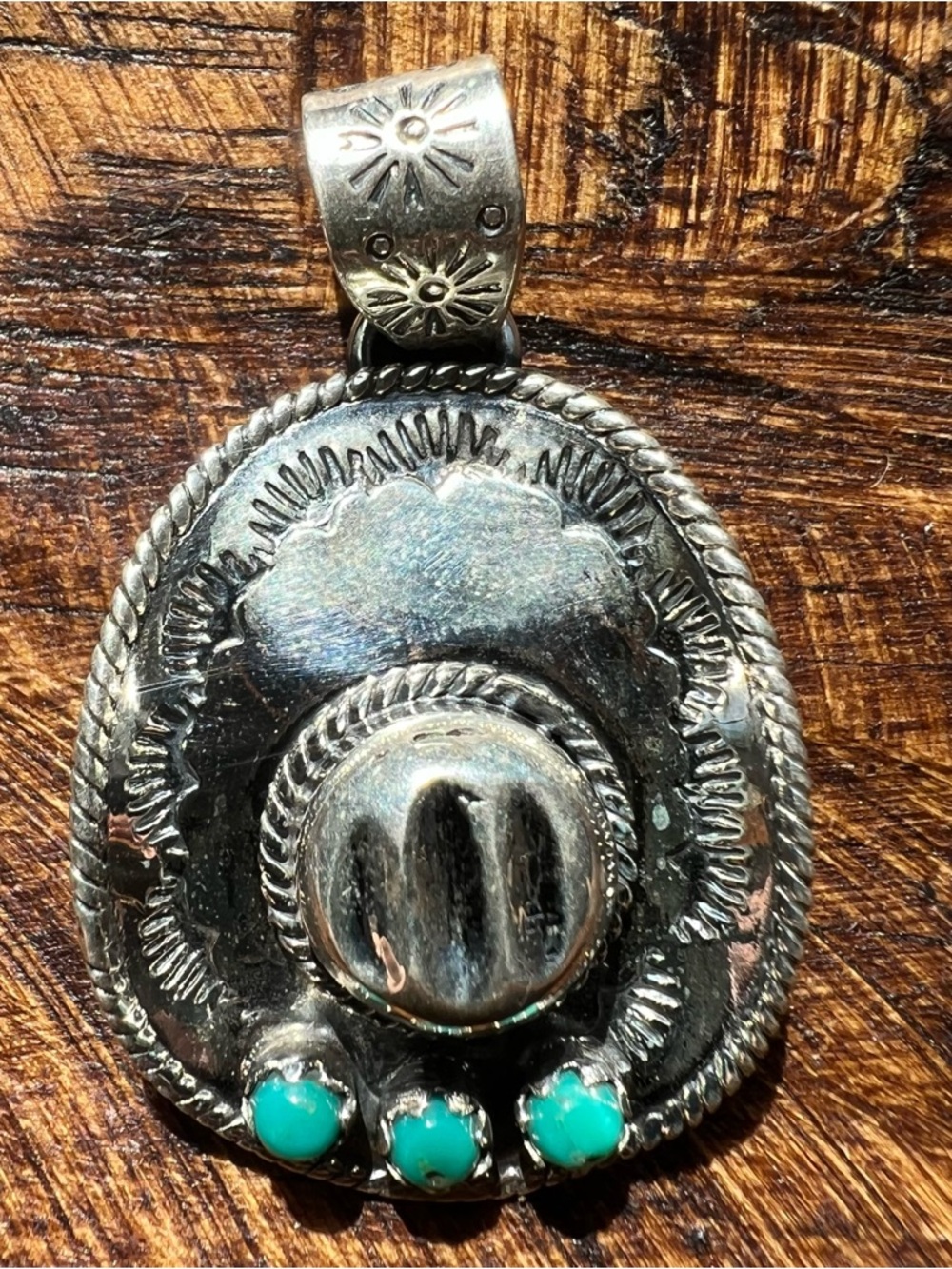 925 Sterling Silver Kingman Turquoise Cowboy Hat Pendant 3 Stone